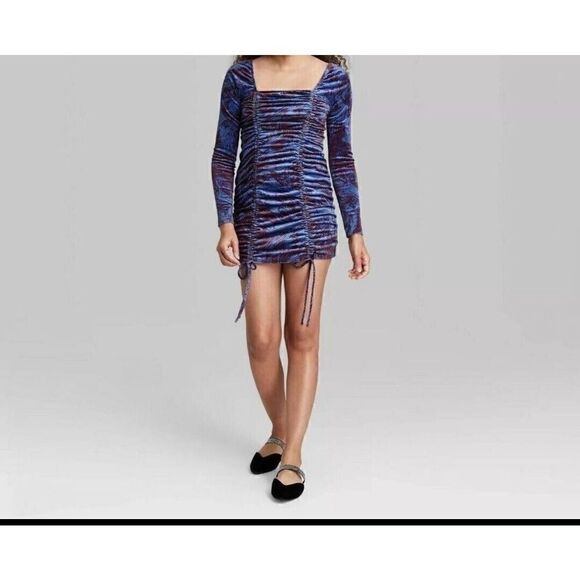 Wild Fable Purple Long Sleeve Ruched Velvet Bodycon Dress, Small, NEW - Picture 1 of 3